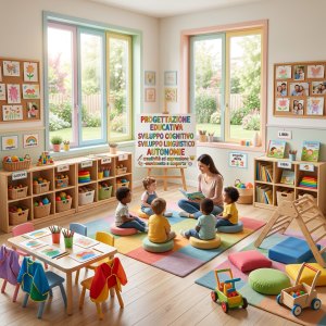 Teacher reading book to five toddlers seated on cushions in a colorful preschool classroom