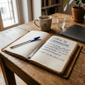Notebook open to a page titled 'Corsi di Formazione' listing training courses with dates and times